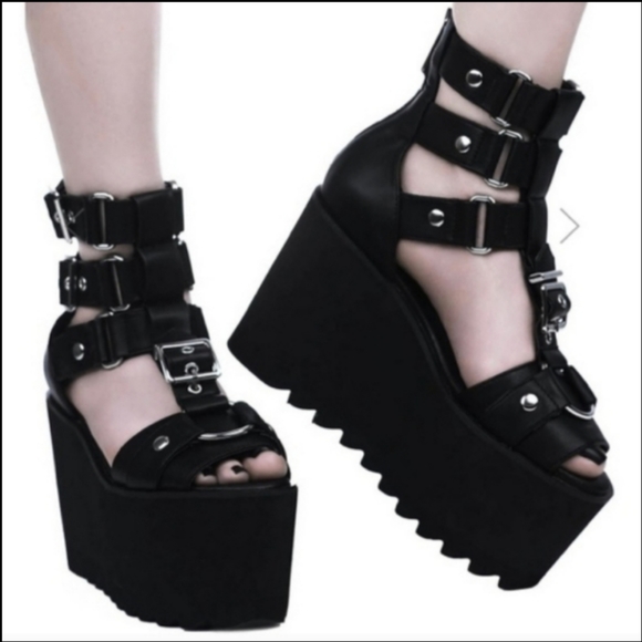 Killstar Shoes - Killstar Death Valley black Platform silver O ring Wedge sandals 11 NWOB